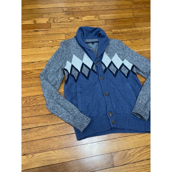 Tommy Hilfiger Men's Cardigan Sweater Size Small Blue Gray Cotton Knit Shawl - Picture 2 of 6